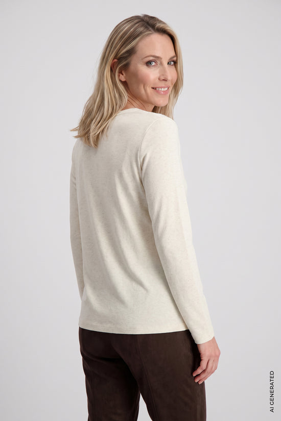 Olsen Almond Long Sleeve Cotton T-Shirt with Round Neck