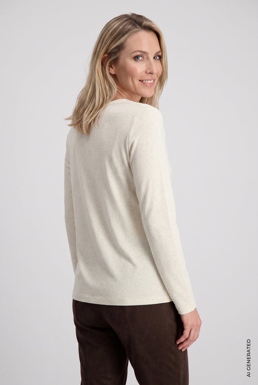 Olsen Almond Long Sleeve Cotton T-Shirt with Round Neck