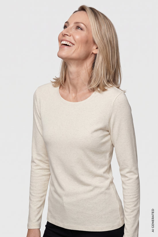 Olsen Almond Long Sleeve Cotton T-Shirt with Round Neck