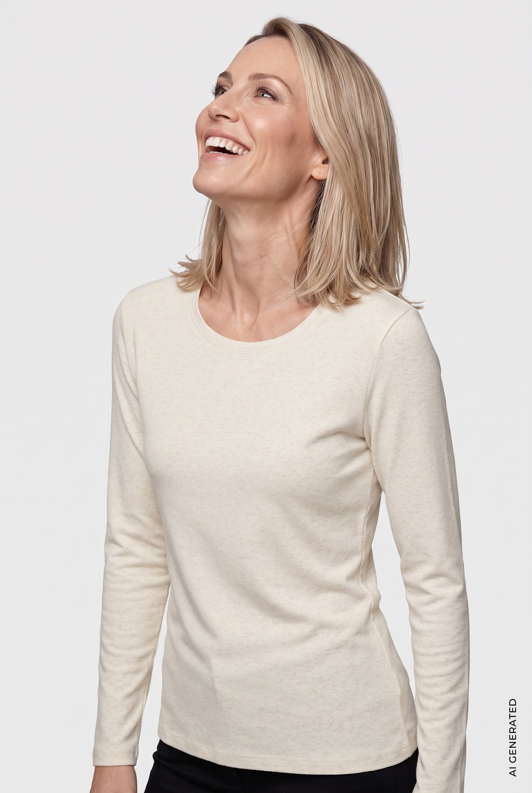 Olsen Almond Long Sleeve Cotton T-Shirt with Round Neck