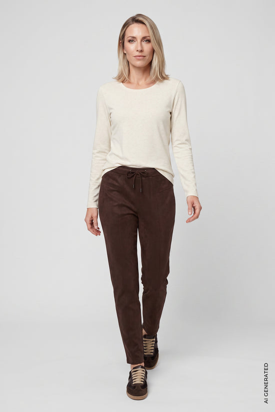 Olsen Almond Long Sleeve Cotton T-Shirt with Round Neck