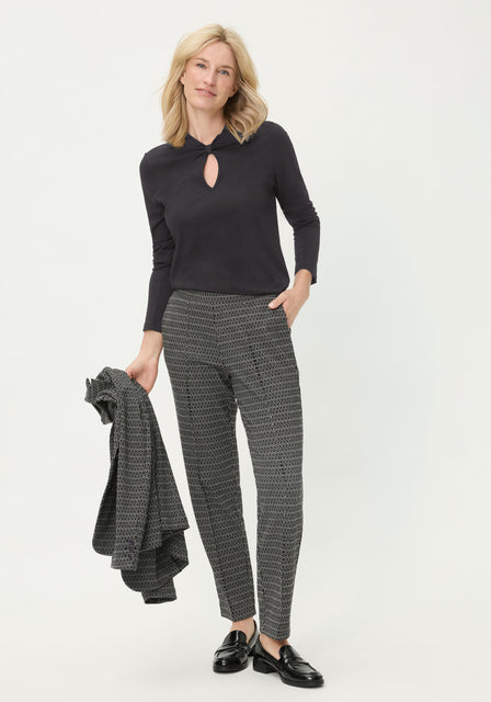 Olsen Black Long Sleeve Knot Front Top in Cotton & Modal 11105256