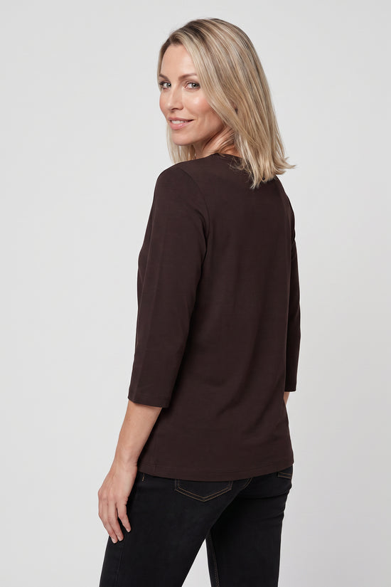 Olsen Coffee Sparkle Trim T-Shirt with Round Neck & 3/4 Sleeves