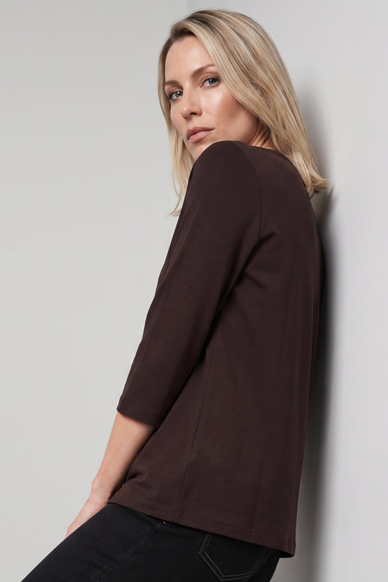 Olsen Coffee Sparkle Trim T-Shirt with Round Neck & 3/4 Sleeves