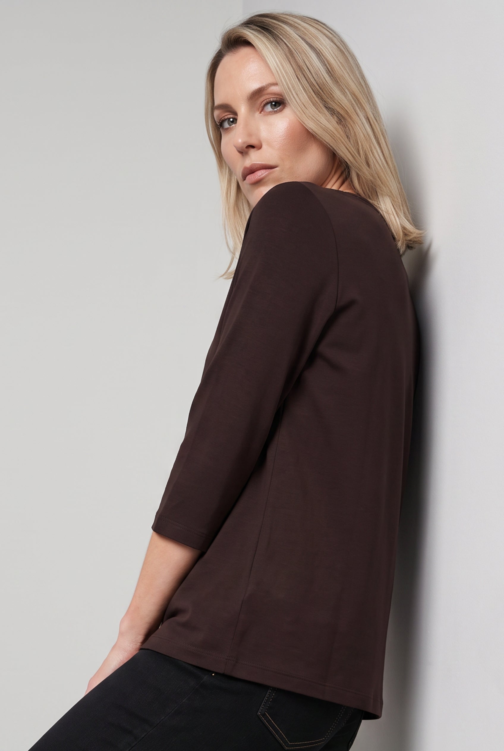 Olsen Coffee Sparkle Trim T-Shirt with Round Neck & 3/4 Sleeves