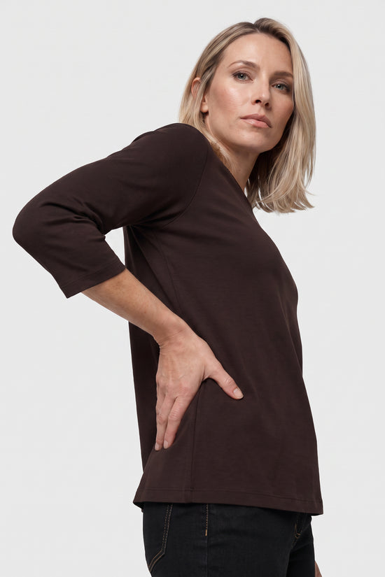 Olsen Coffee Sparkle Trim T-Shirt with Round Neck & 3/4 Sleeves