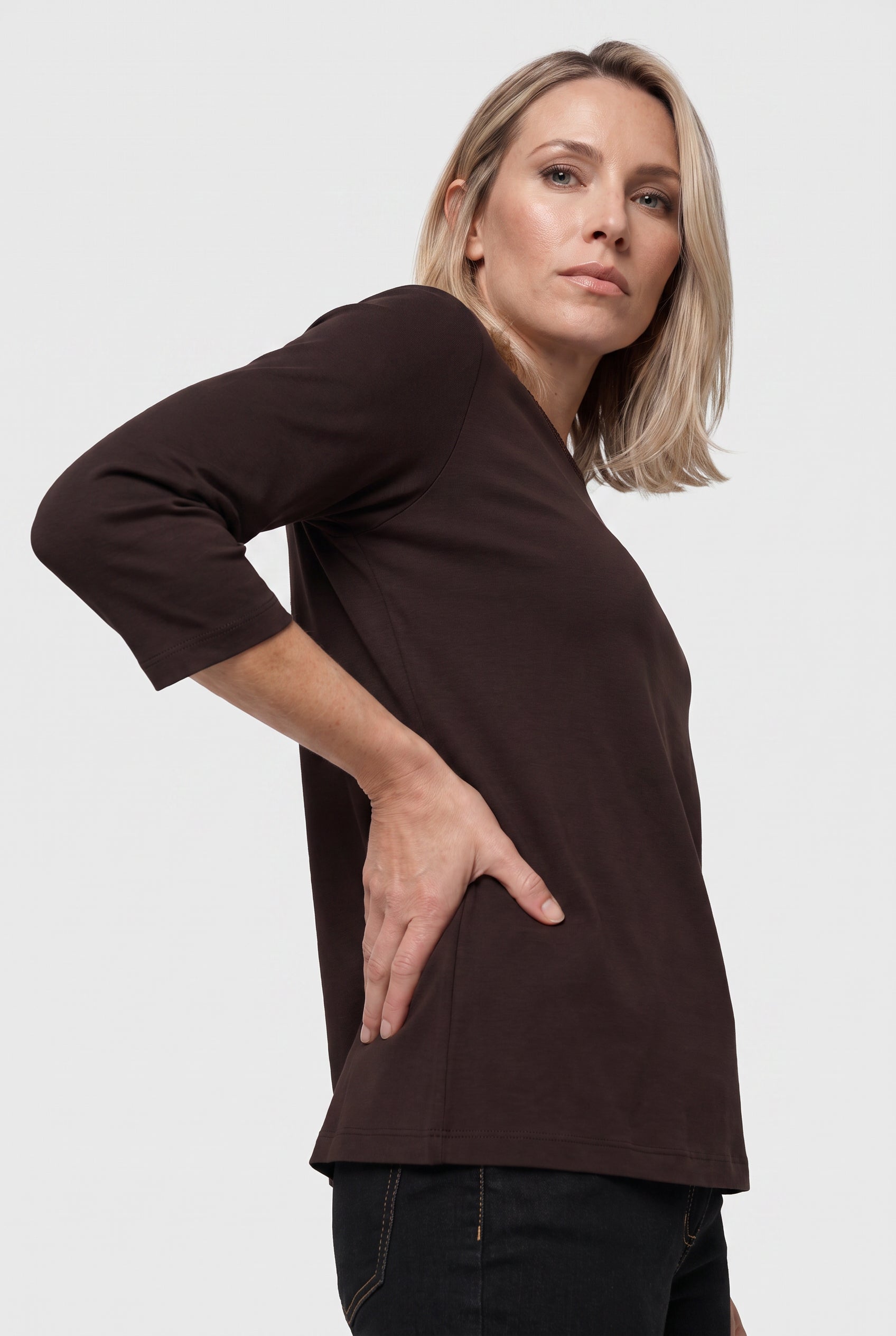 Olsen Coffee Sparkle Trim T-Shirt with Round Neck & 3/4 Sleeves
