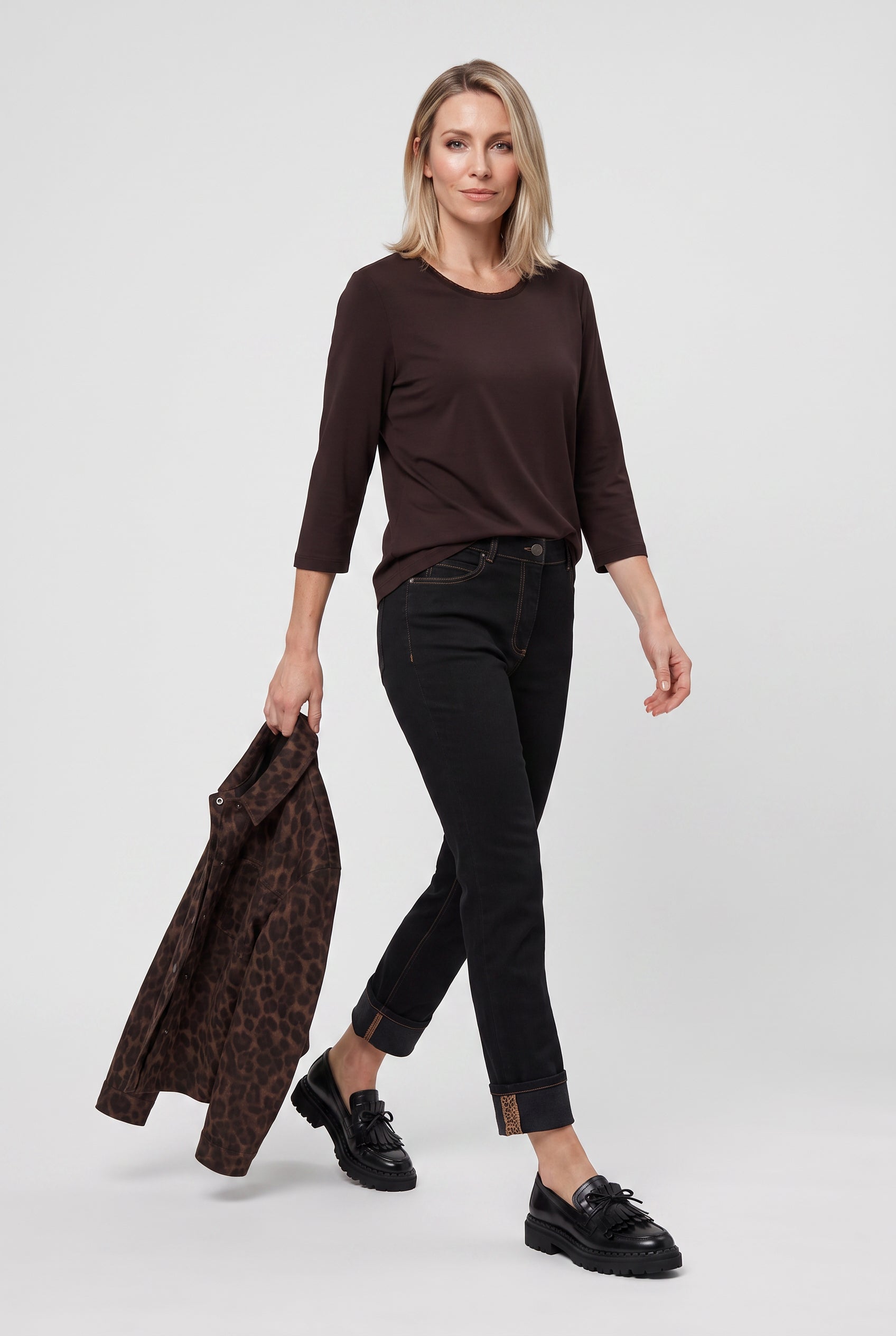 Olsen Coffee Sparkle Trim T-Shirt with Round Neck & 3/4 Sleeves