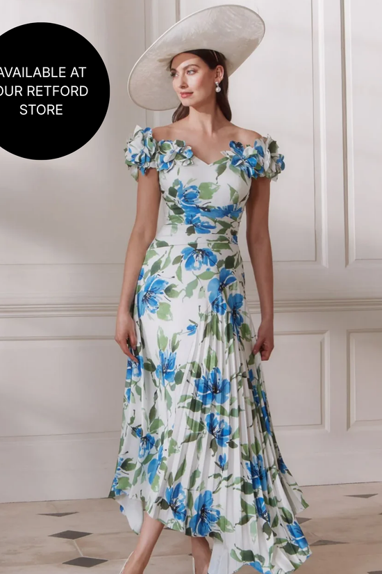 John Charles Amaryllis Off-Shoulder Crepe Dress with Pleated Skirt 66764A AW