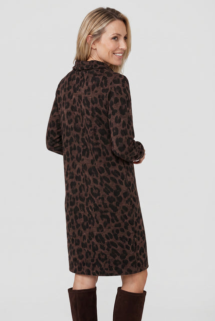 Olsen Coffee Animal Print Midi Dress with Tie Neck & 3/4 Sleeves