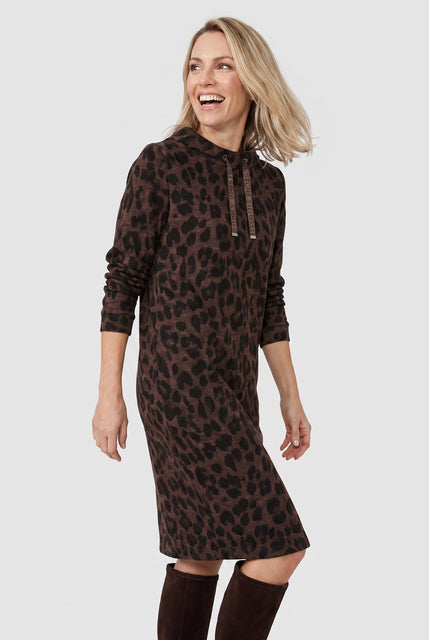 Olsen Coffee Animal Print Midi Dress with Tie Neck & 3/4 Sleeves