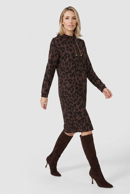 Olsen Coffee Animal Print Midi Dress with Tie Neck & 3/4 Sleeves