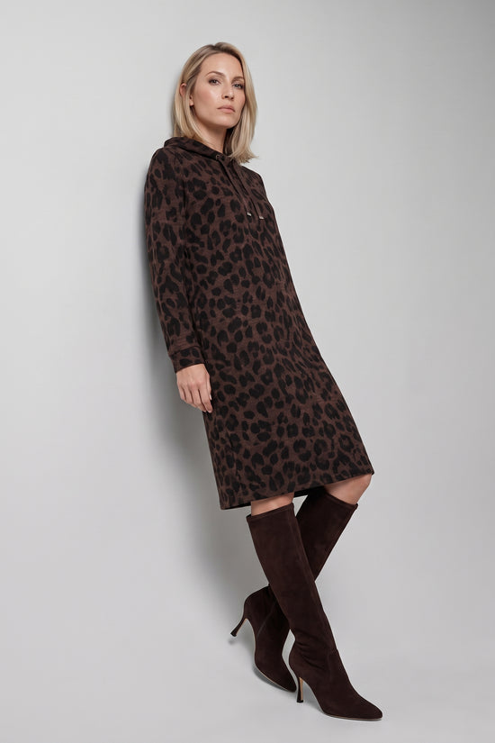 Olsen Coffee Animal Print Midi Dress with Tie Neck & 3/4 Sleeves