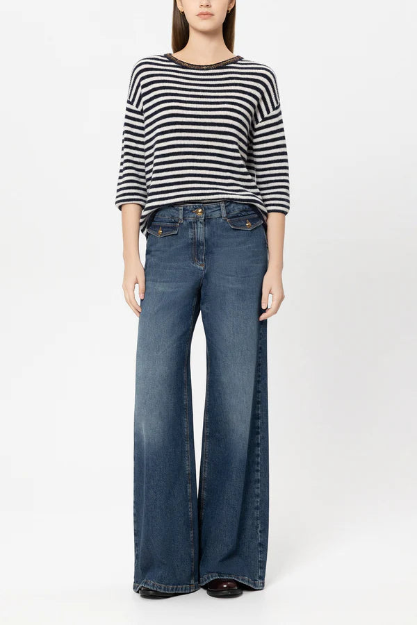 Luisa Cerano Navy Blue Striped Sweater with Sequin Detail 138762