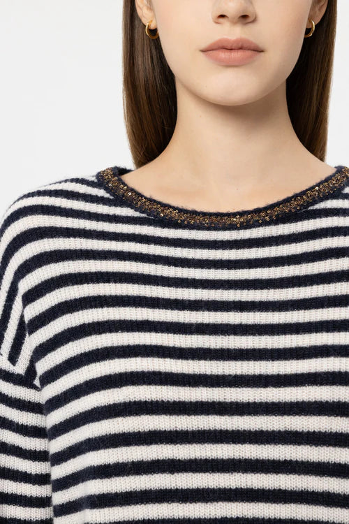 Luisa Cerano Navy Blue Striped Sweater with Sequin Detail 138762