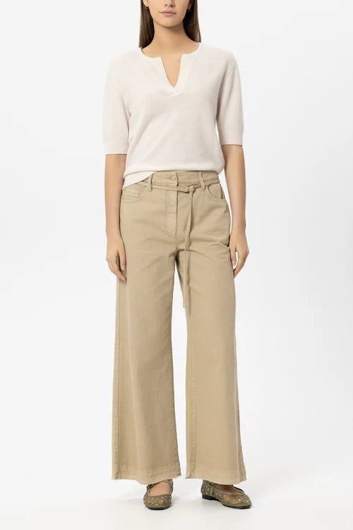 Luisa Cerano Pistachio Open V Neck Short Sleeve Cashmere Blend Sweater