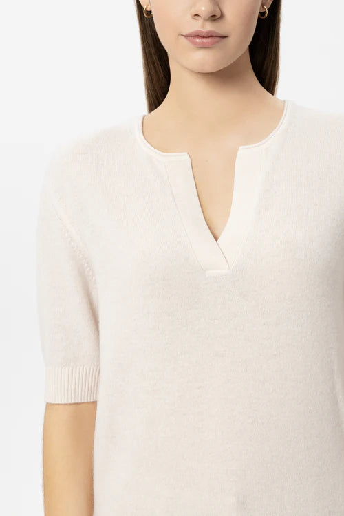Luisa Cerano Pistachio Open V Neck Short Sleeve Cashmere Blend Sweater