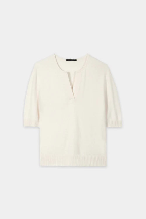 Luisa Cerano Pistachio Open V Neck Short Sleeve Cashmere Blend Sweater