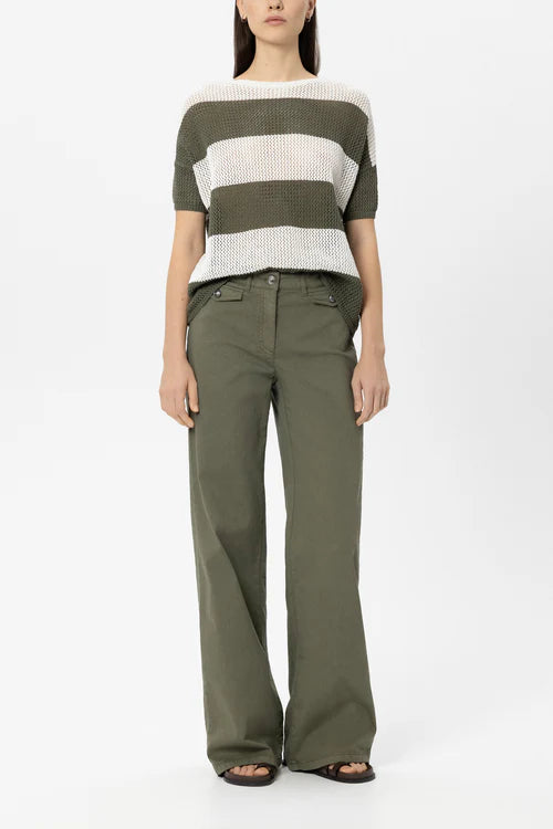 Luisa Cerano Olive Green Stripe Linen Blend Sweater 138803