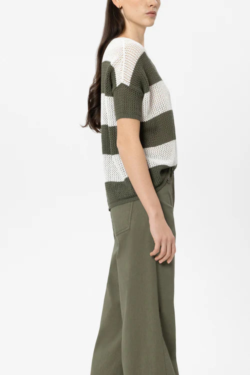 Luisa Cerano Olive Green Stripe Linen Blend Sweater 138803