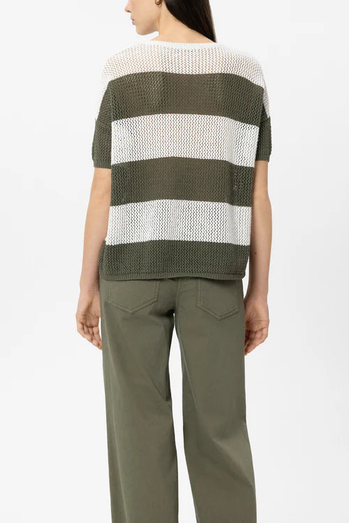 Luisa Cerano Olive Green Stripe Linen Blend Sweater 138803