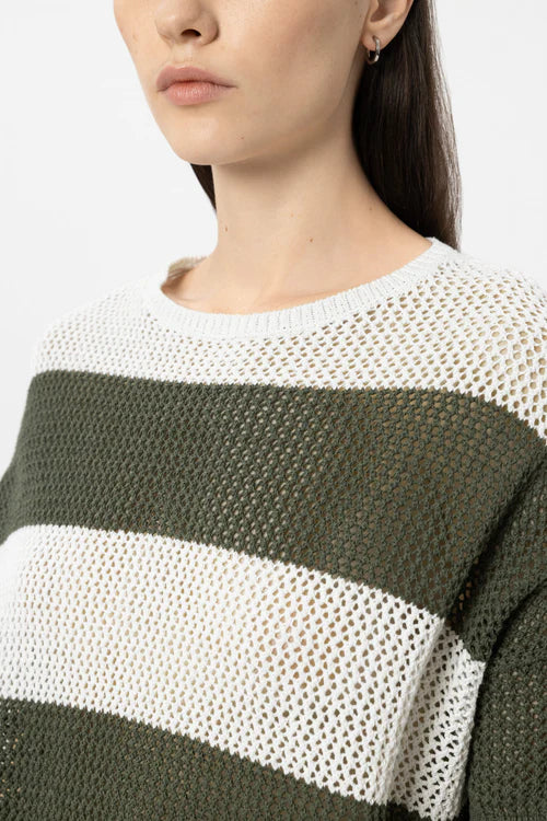 Luisa Cerano Olive Green Stripe Linen Blend Sweater 138803