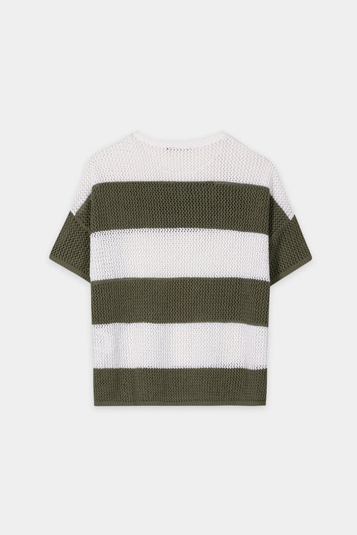 Luisa Cerano Olive Green Stripe Linen Blend Sweater 138803