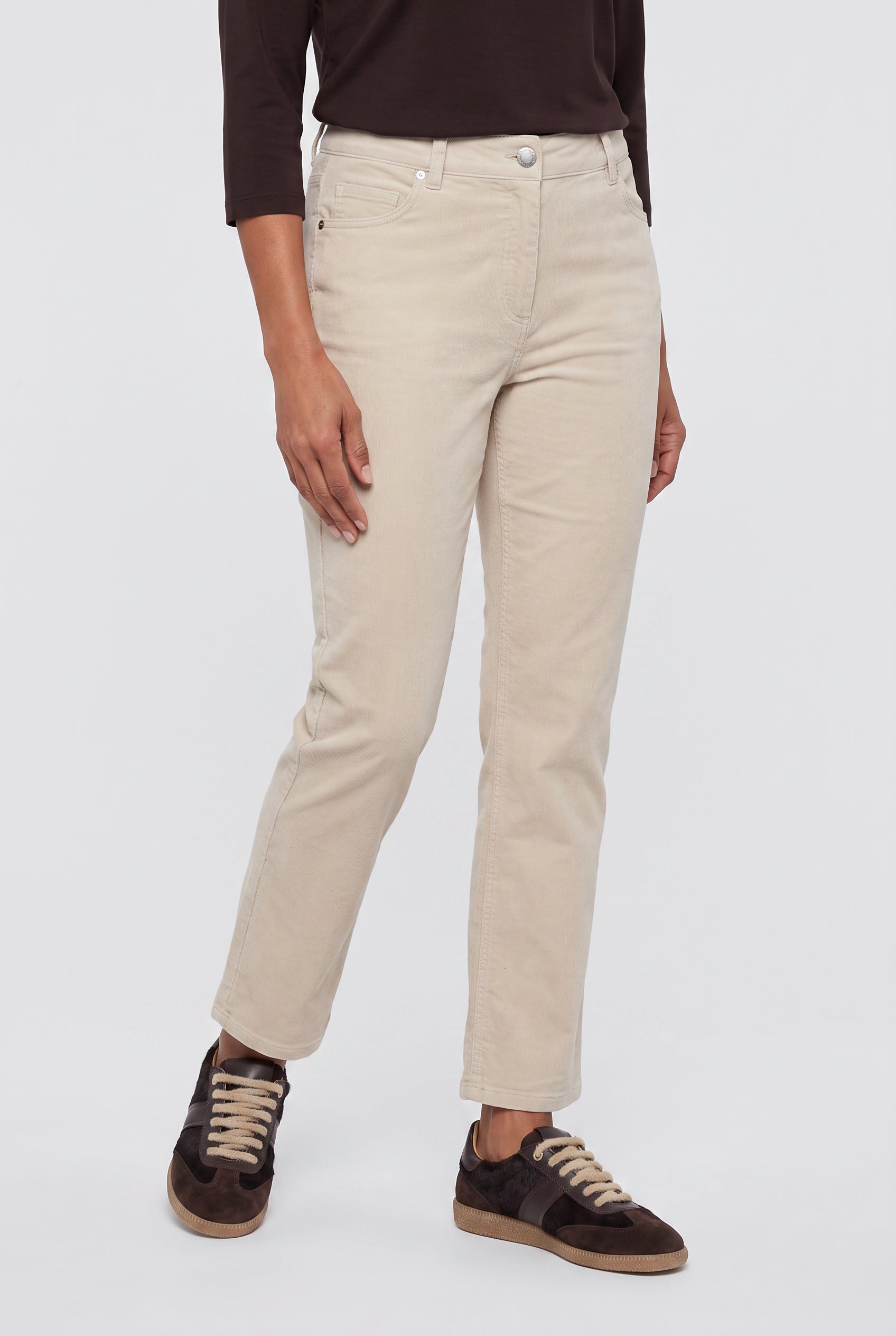 Olsen Almond Needlecord Straight Leg Trousers with Button & Zip Fastening
