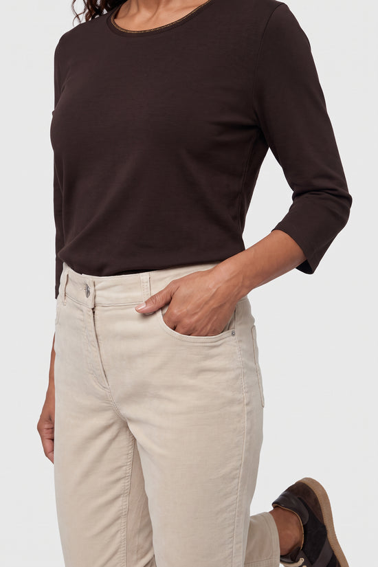 Olsen Almond Needlecord Straight Leg Trousers with Button & Zip Fastening