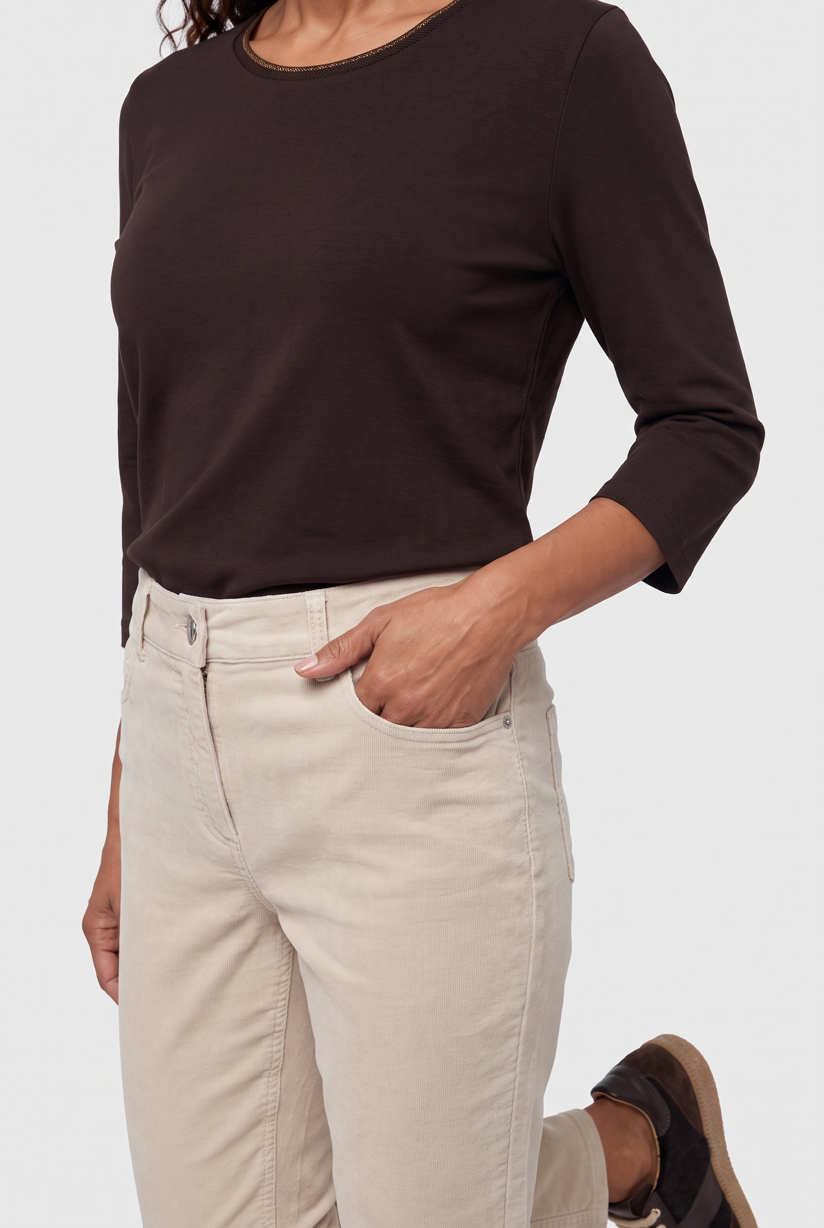 Olsen Almond Needlecord Straight Leg Trousers with Button & Zip Fastening