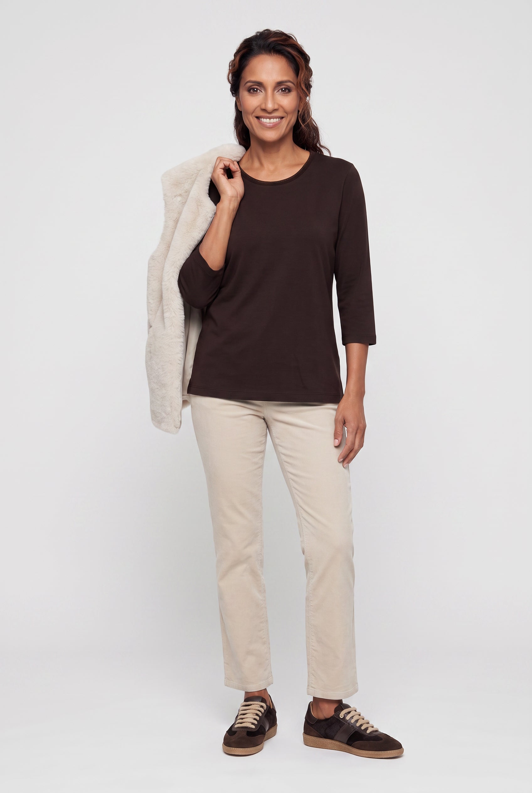 Olsen Almond Needlecord Straight Leg Trousers with Button & Zip Fastening