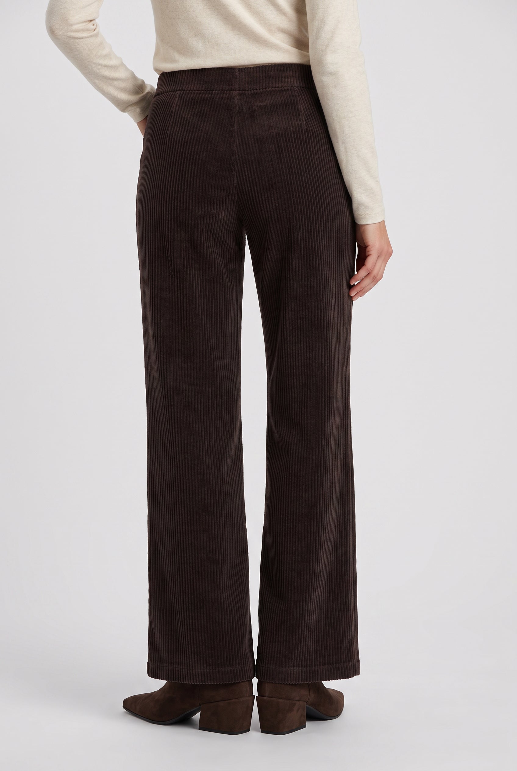 Olsen Coffee Wide Leg Corduroy Trousers with Elasticated Waist & Pockets