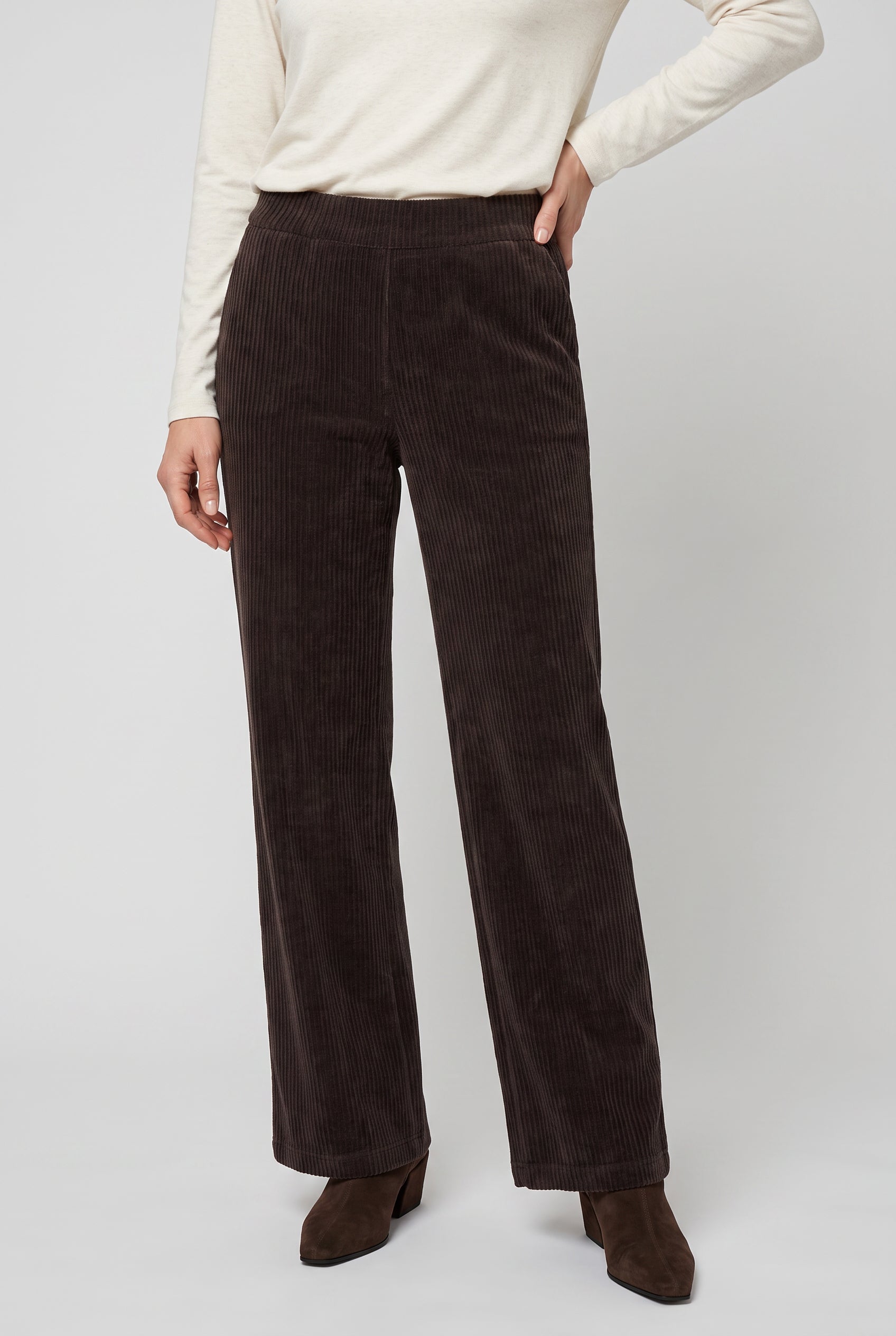 Olsen Coffee Wide Leg Corduroy Trousers with Elasticated Waist & Pockets