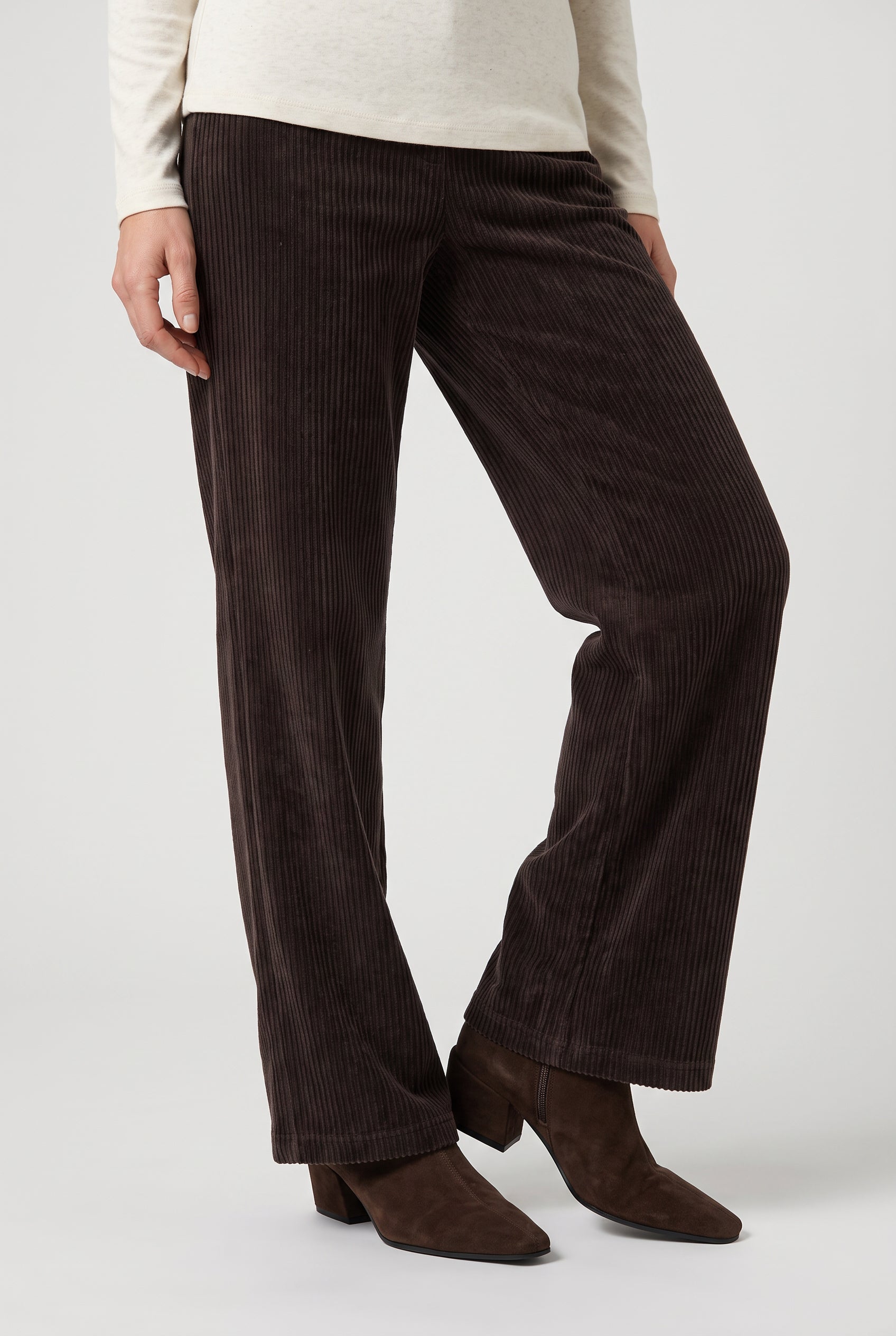 Olsen Coffee Wide Leg Corduroy Trousers with Elasticated Waist & Pockets