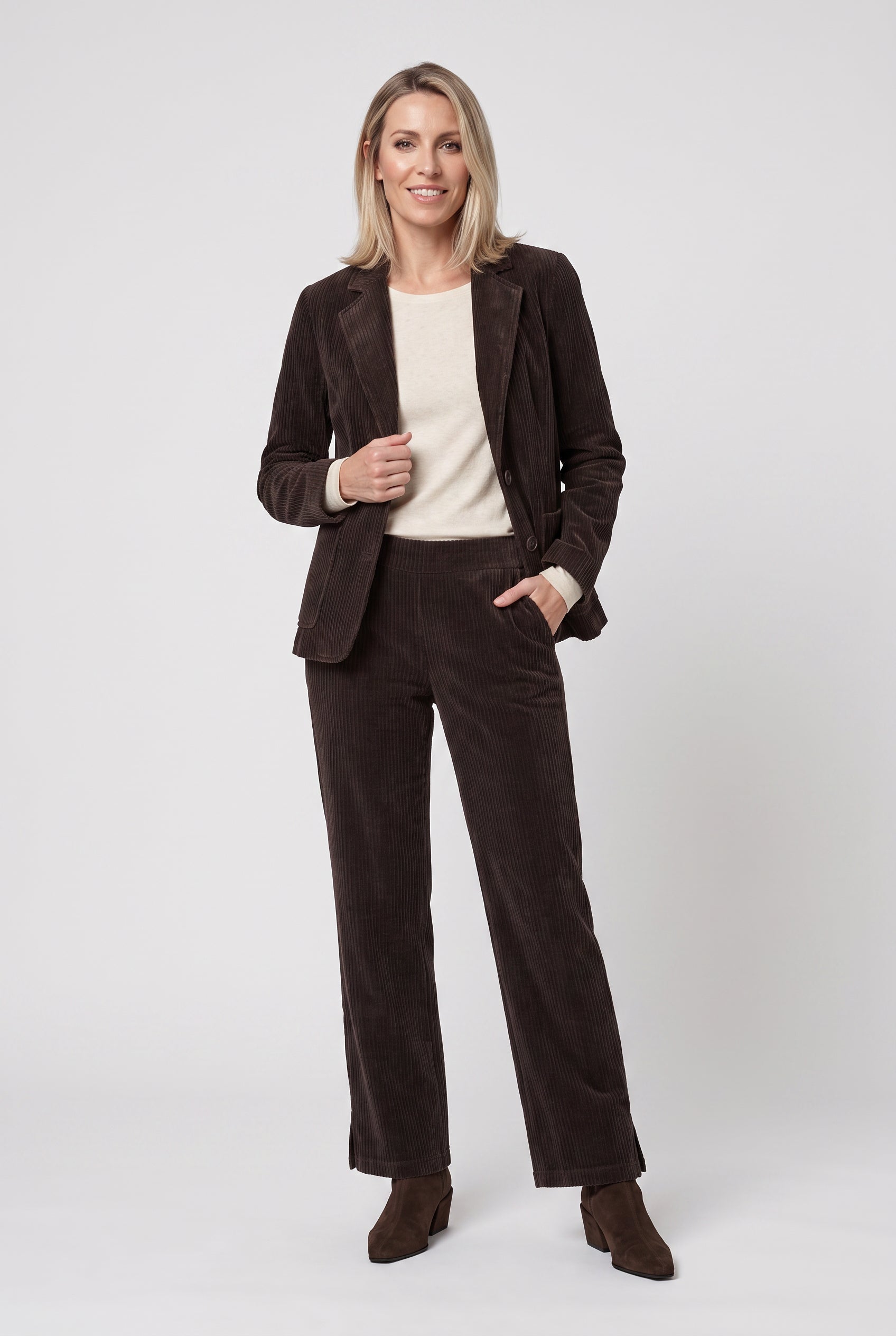 Olsen Coffee Wide Leg Corduroy Trousers with Elasticated Waist & Pockets