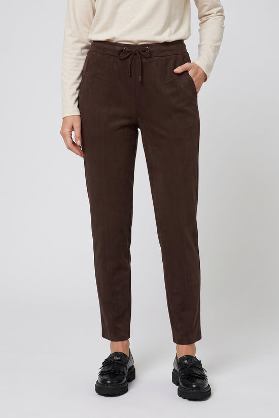 Olsen Coffee Faux Suede Straight Leg Trousers with Drawstring Waist & Pockets