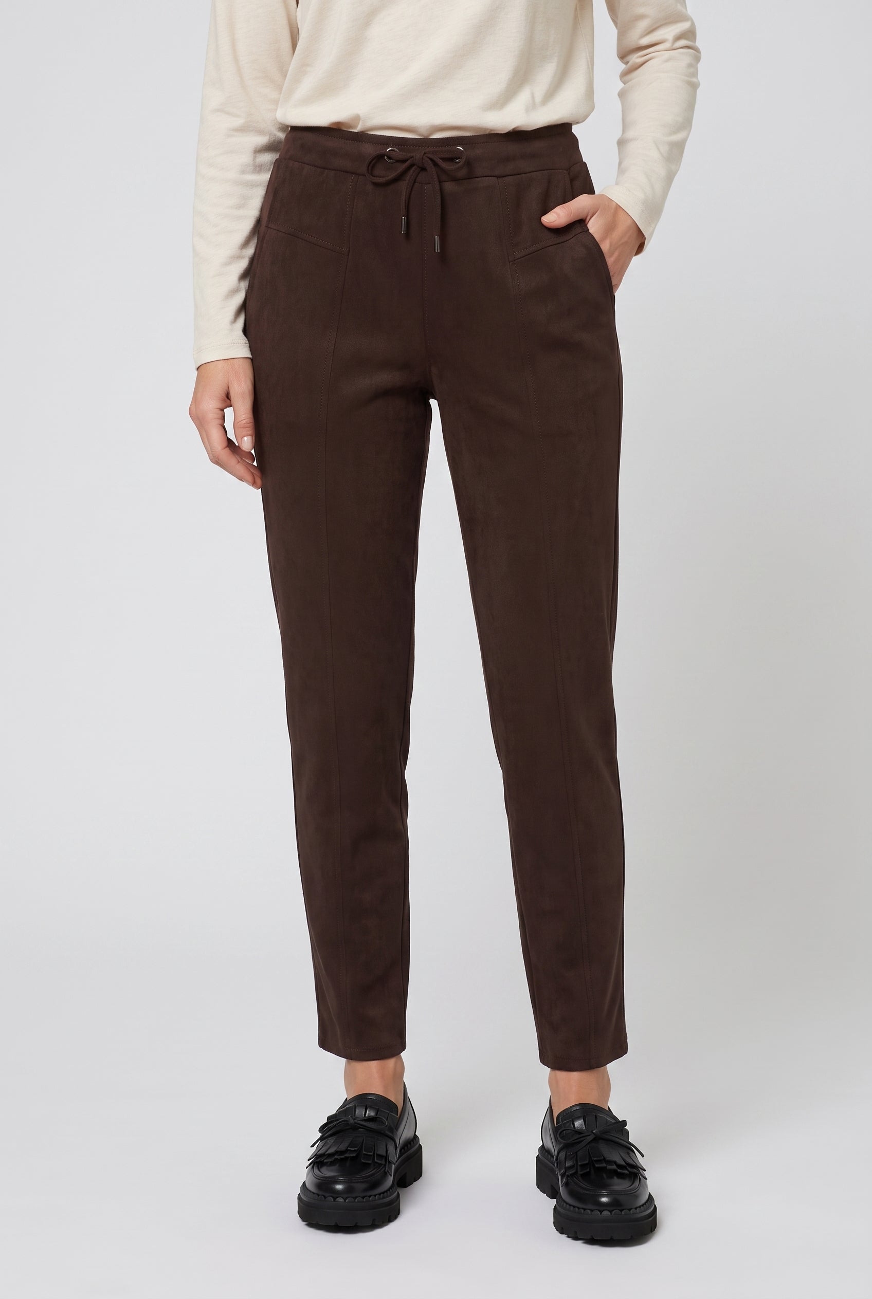 Olsen Coffee Faux Suede Straight Leg Trousers with Drawstring Waist & Pockets