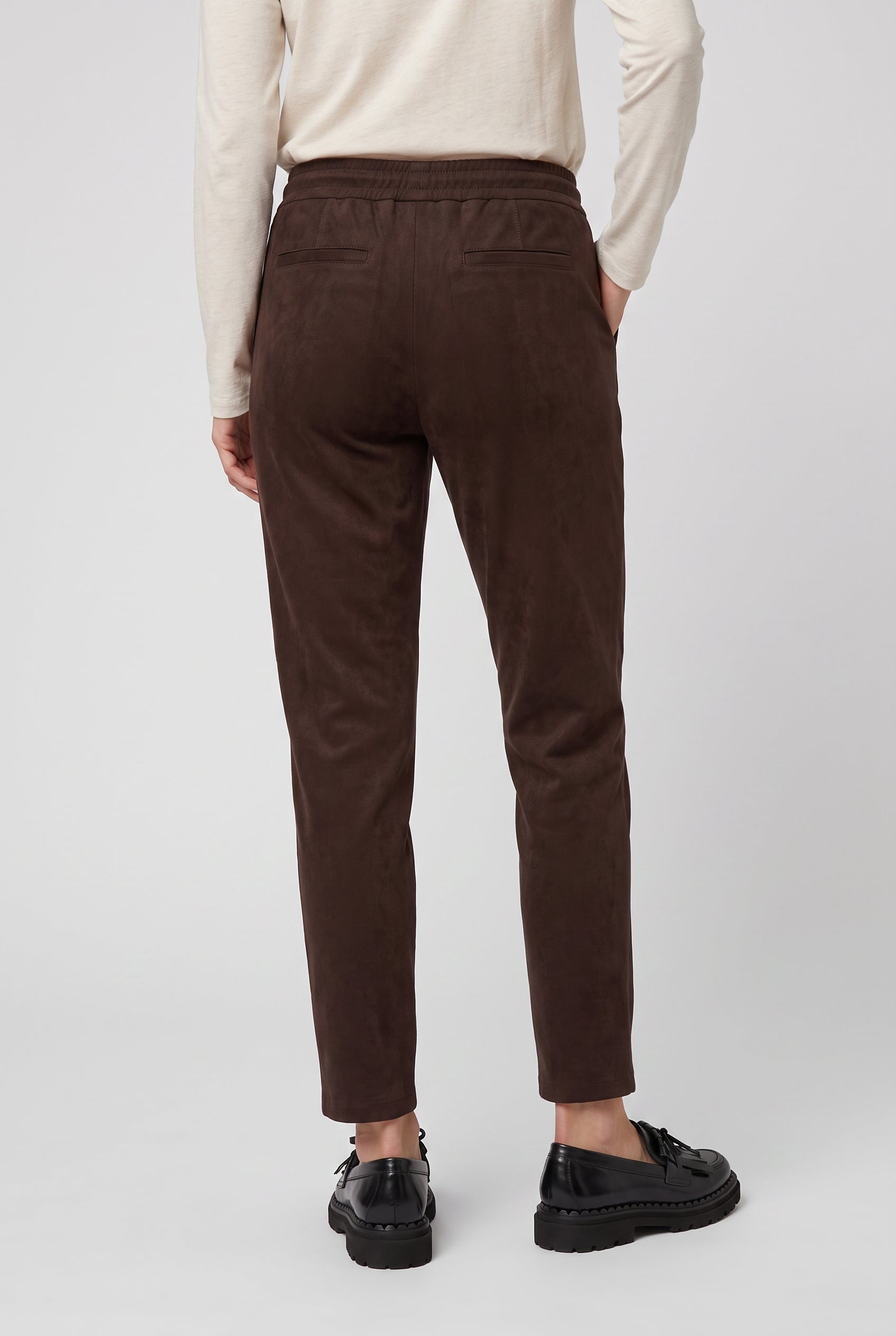 Olsen Coffee Faux Suede Straight Leg Trousers with Drawstring Waist & Pockets