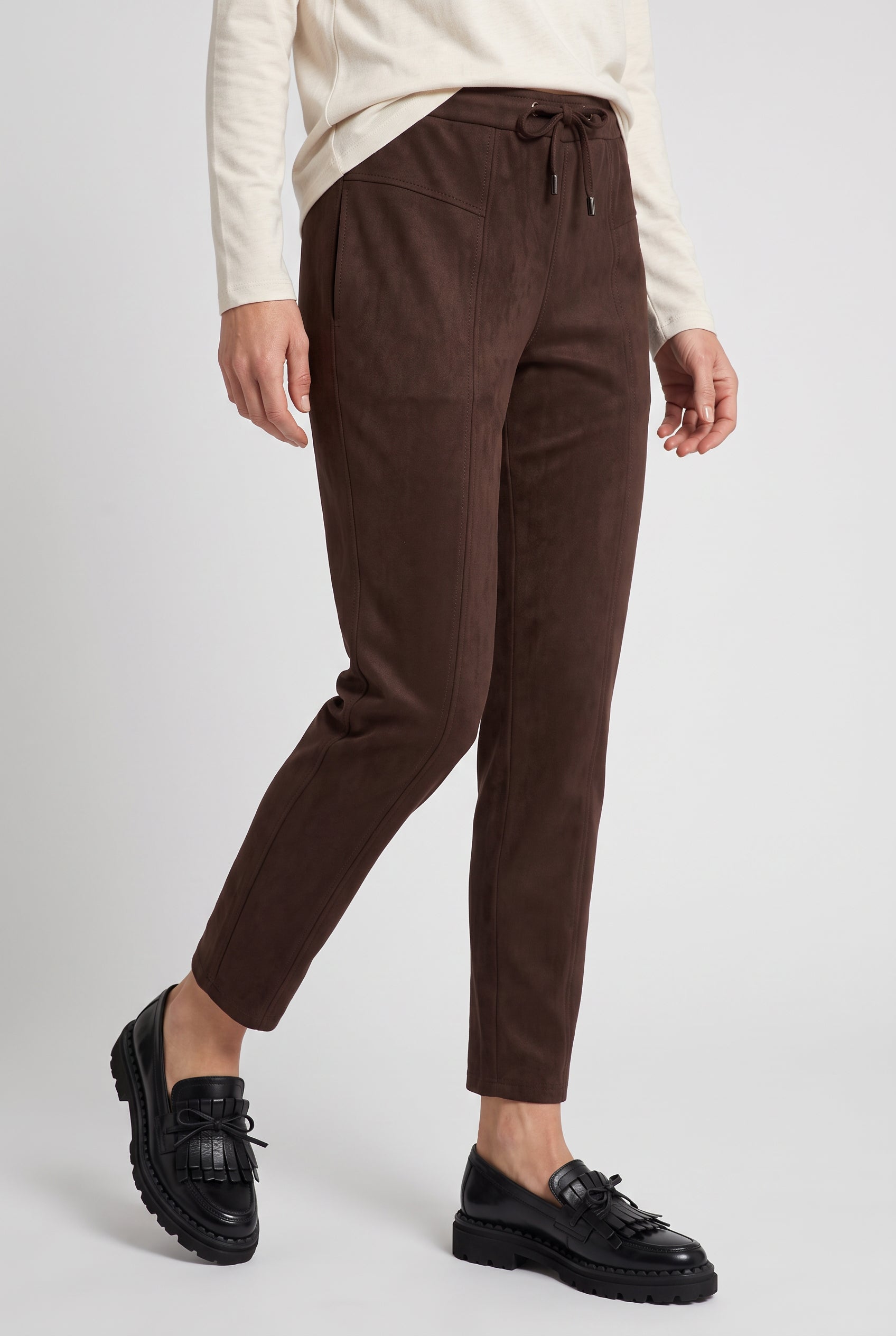 Olsen Coffee Faux Suede Straight Leg Trousers with Drawstring Waist & Pockets