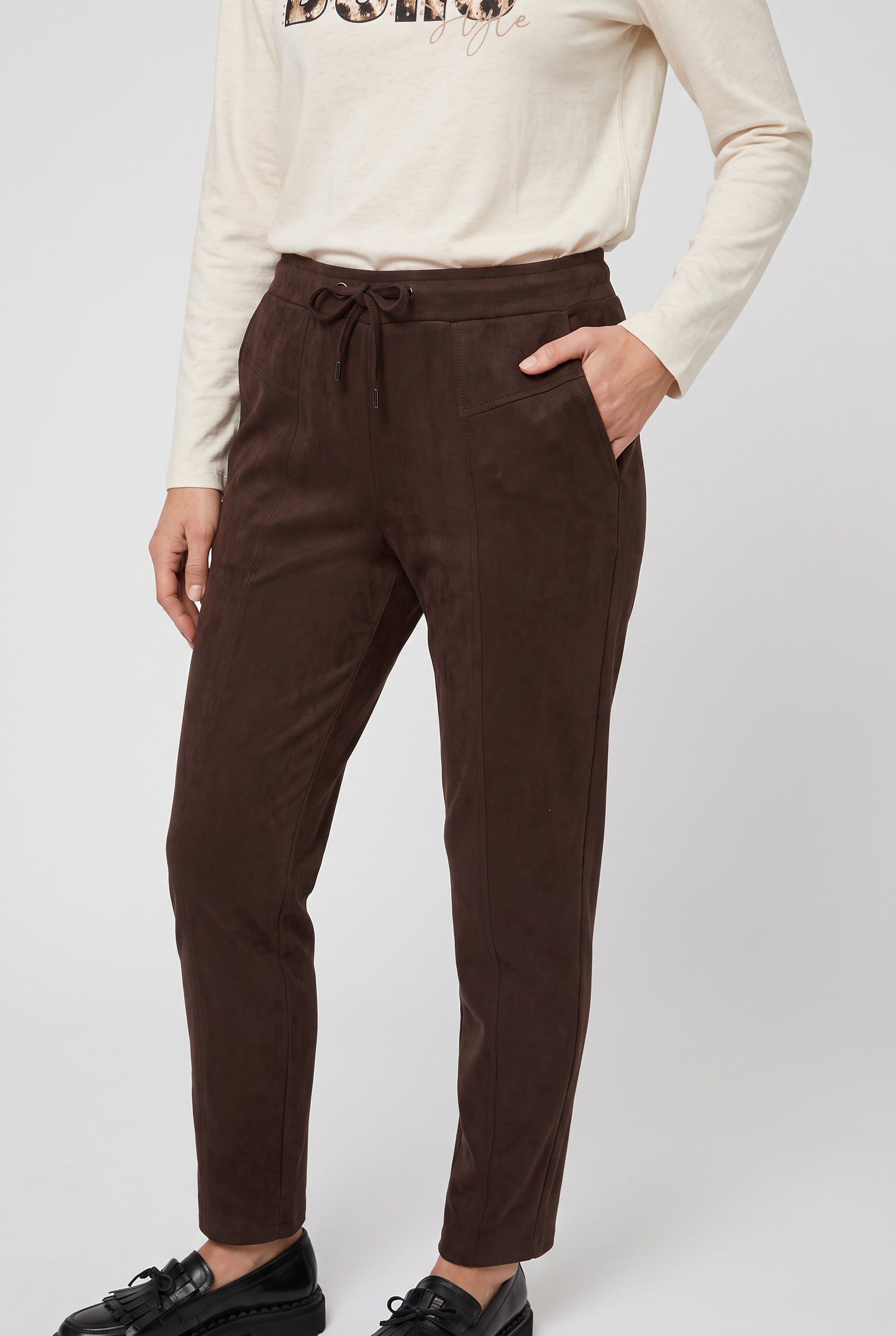 Olsen Coffee Faux Suede Straight Leg Trousers with Drawstring Waist & Pockets
