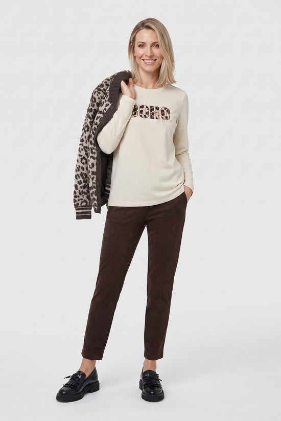 Olsen Coffee Faux Suede Straight Leg Trousers with Drawstring Waist & Pockets