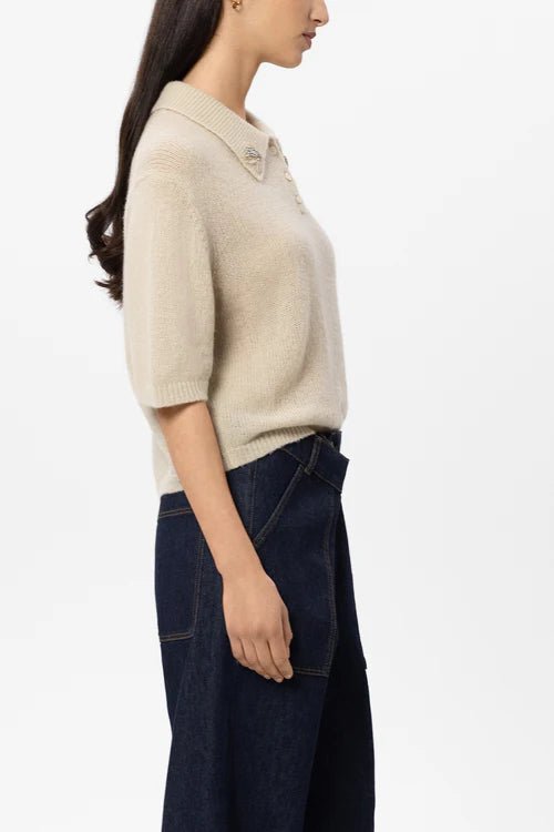 Luisa Cerano Ginger Wool Blend Short Sleeve Polo with Rhinestone Appliqués