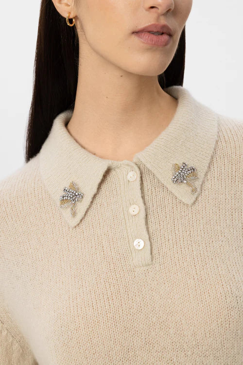 Luisa Cerano Ginger Wool Blend Short Sleeve Polo with Rhinestone Appliqués