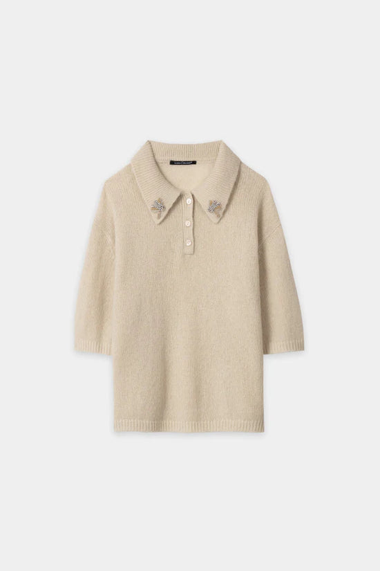Luisa Cerano Ginger Wool Blend Short Sleeve Polo with Rhinestone Appliqués