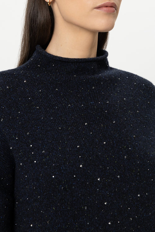 Luisa Cerano Navy Turtleneck Sweater with Rhinestones