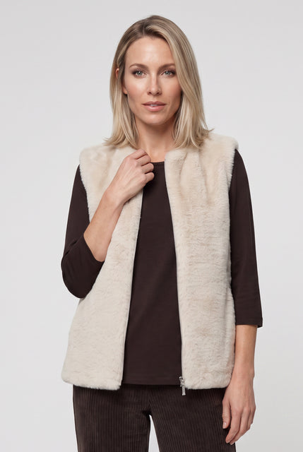 Olsen Almond Faux Fur Gilet with Zip Fastening