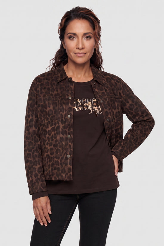 Olsen Coffee Animal Print Shirt Jacket with Collar, Press Studs & Patch Pockets