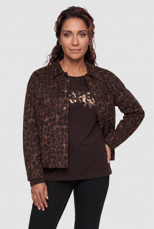 Olsen Coffee Animal Print Shirt Jacket with Collar, Press Studs & Patch Pockets