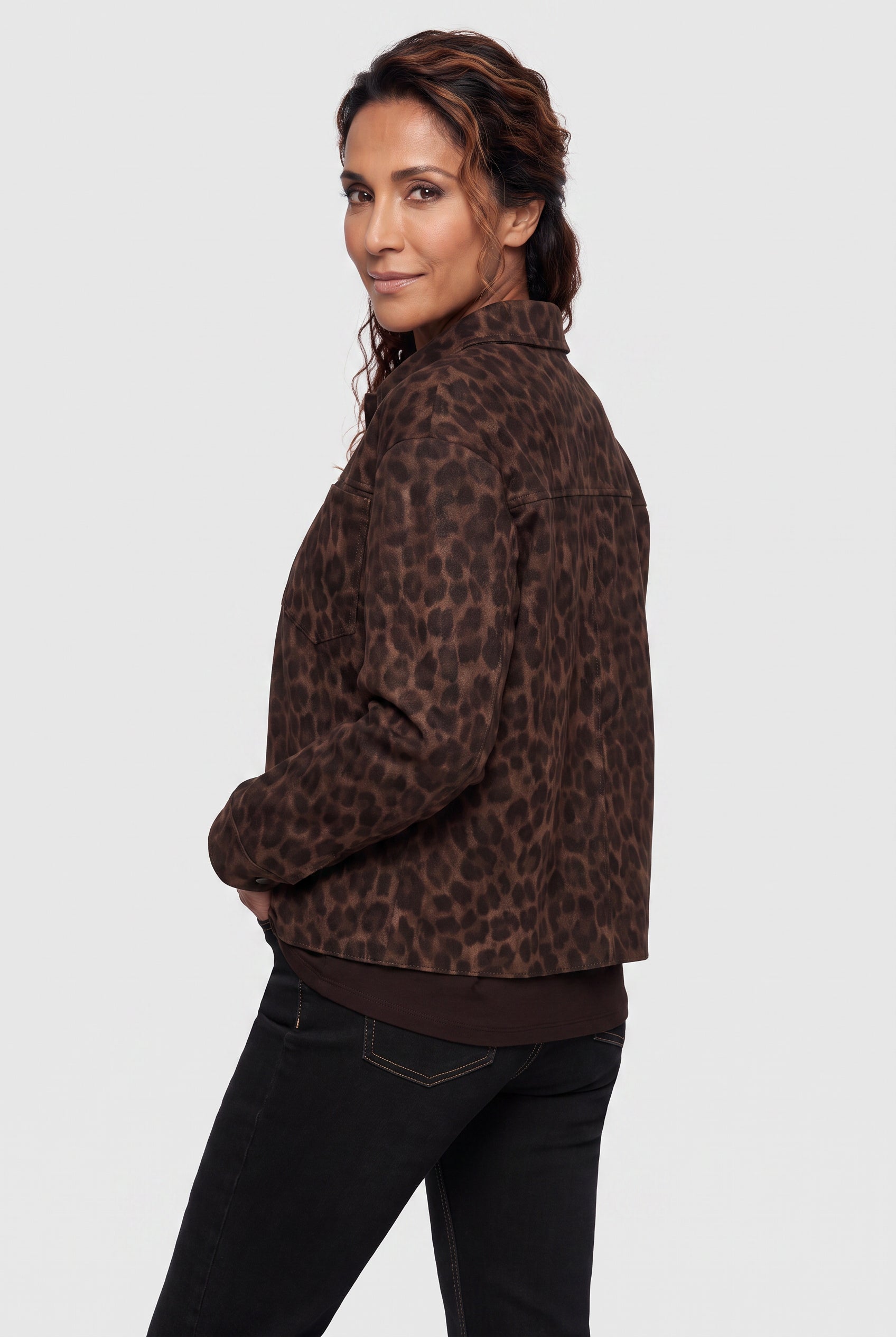 Olsen Coffee Animal Print Shirt Jacket with Collar, Press Studs & Patch Pockets