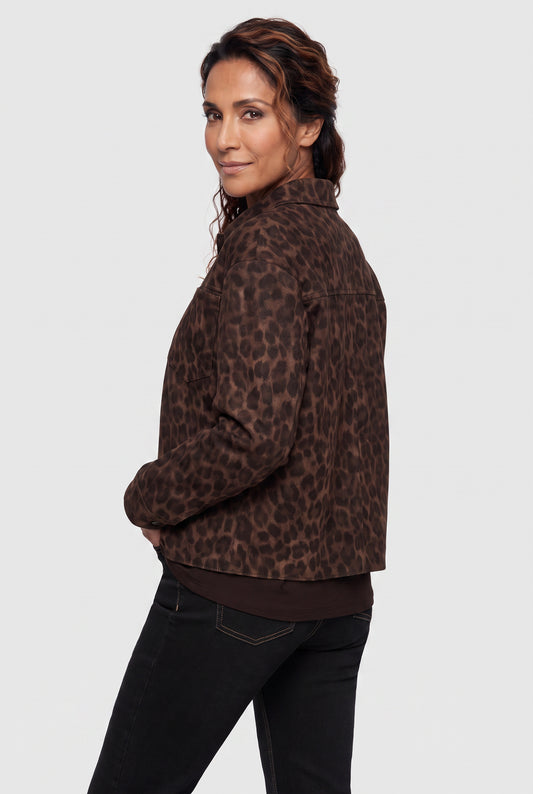 Olsen Coffee Animal Print Shirt Jacket with Collar, Press Studs & Patch Pockets
